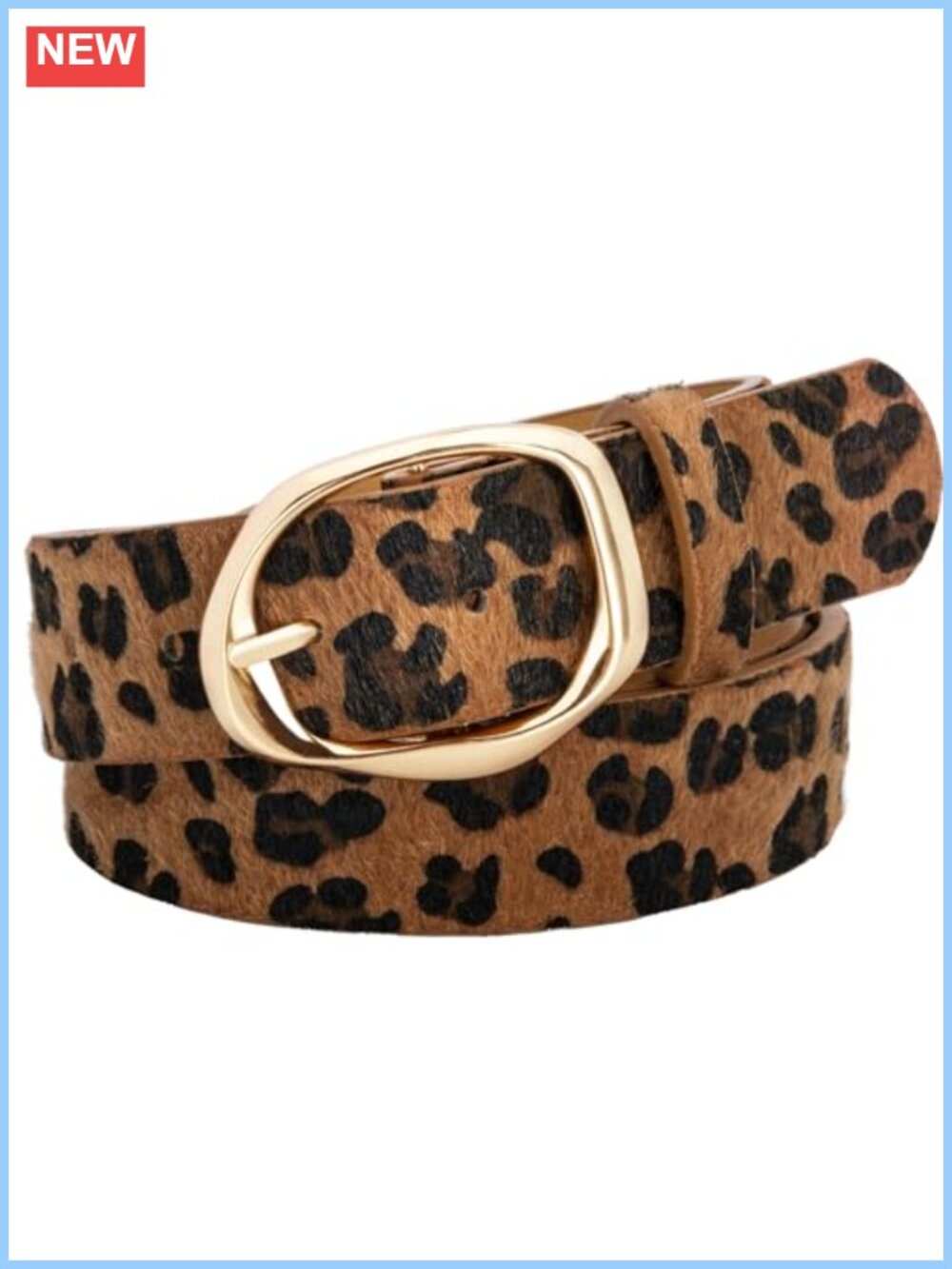 Leopard Print PU Leather Belt with Gold Buckle for Women
